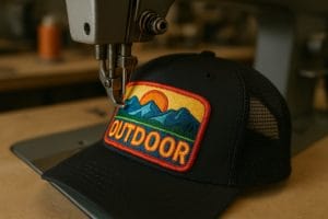 outdoor patch sewn onto black trucker hat