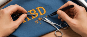 hand removing embroidery from a shirt