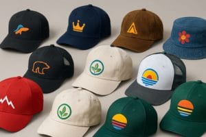 lot of hats sitting on table with logos