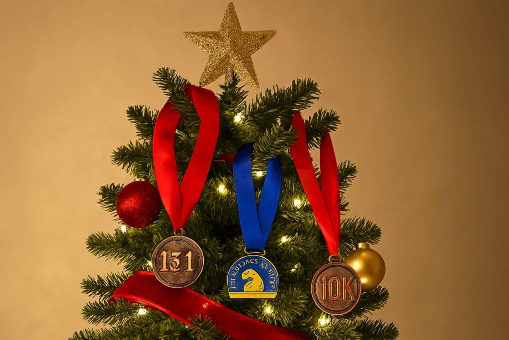 racing medals hung from christmas tree
