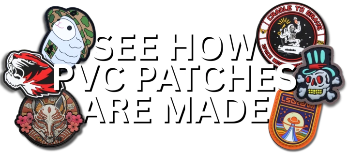 Six custom made patches with text saying see how our pvc patches are made