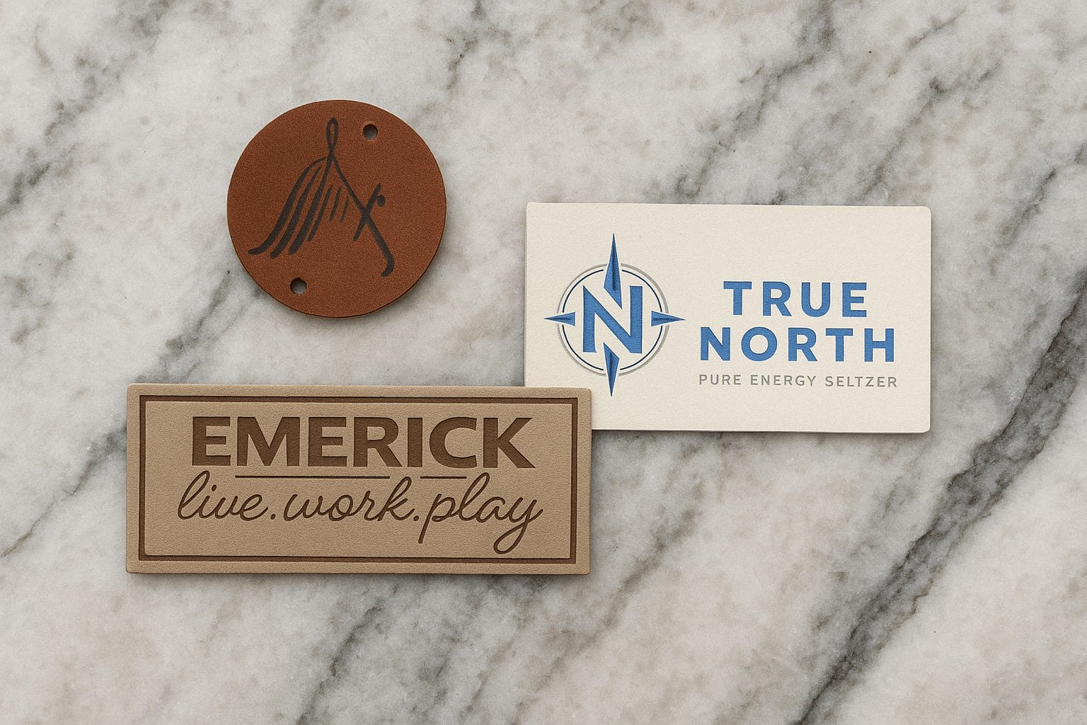 group of faux leather labels on marble