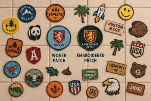 collage of various colorful woven and embroidered patches