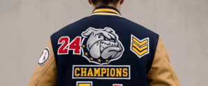 backside with patches on letterman jacket
