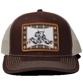 trucker hat with western themed woven patch