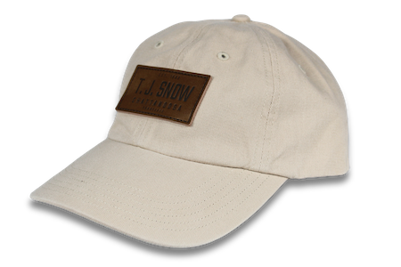 khaki dad hat with leather patch