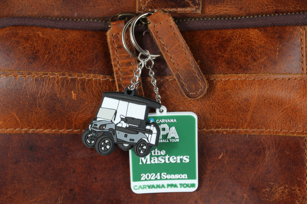 PVC keychains on leather background