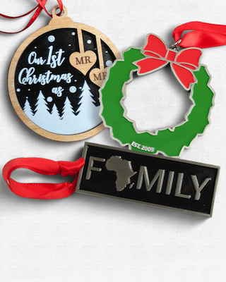 three custom family-style ornaments