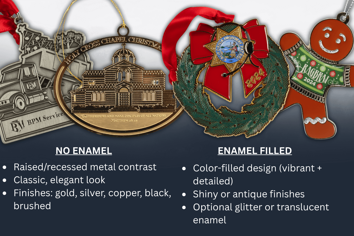 metal ornament with enamel and no enamel options